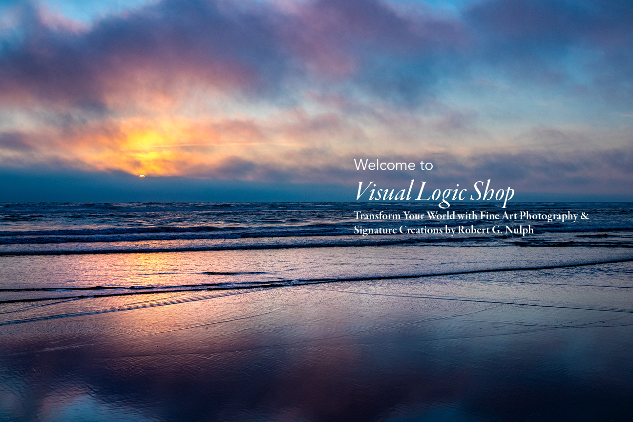 Sunset over the ocean with shop title