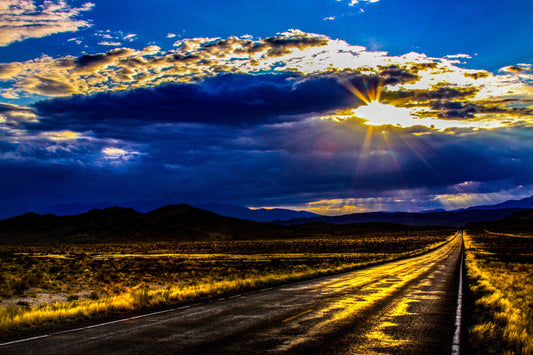 Nevada Sunset Over Sunlit Highway | Desert Landscape Photography | Scenic Wall Art, home decor, fine art print, landscape art