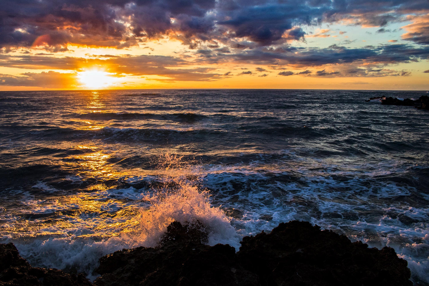 Stunning Oahu Sunset Over Crashing Waves | North Shore Photography | Scenic Ocean Art, Hawaiian sunset, crashing waves, seascape art